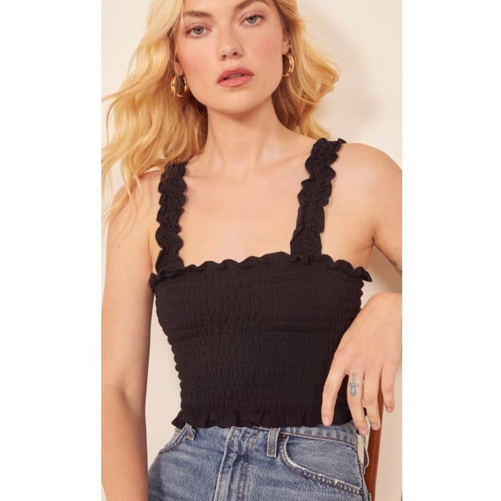 Like New! Rare Reformation Leonore Smock Ruffle Crop Top Black Sz M